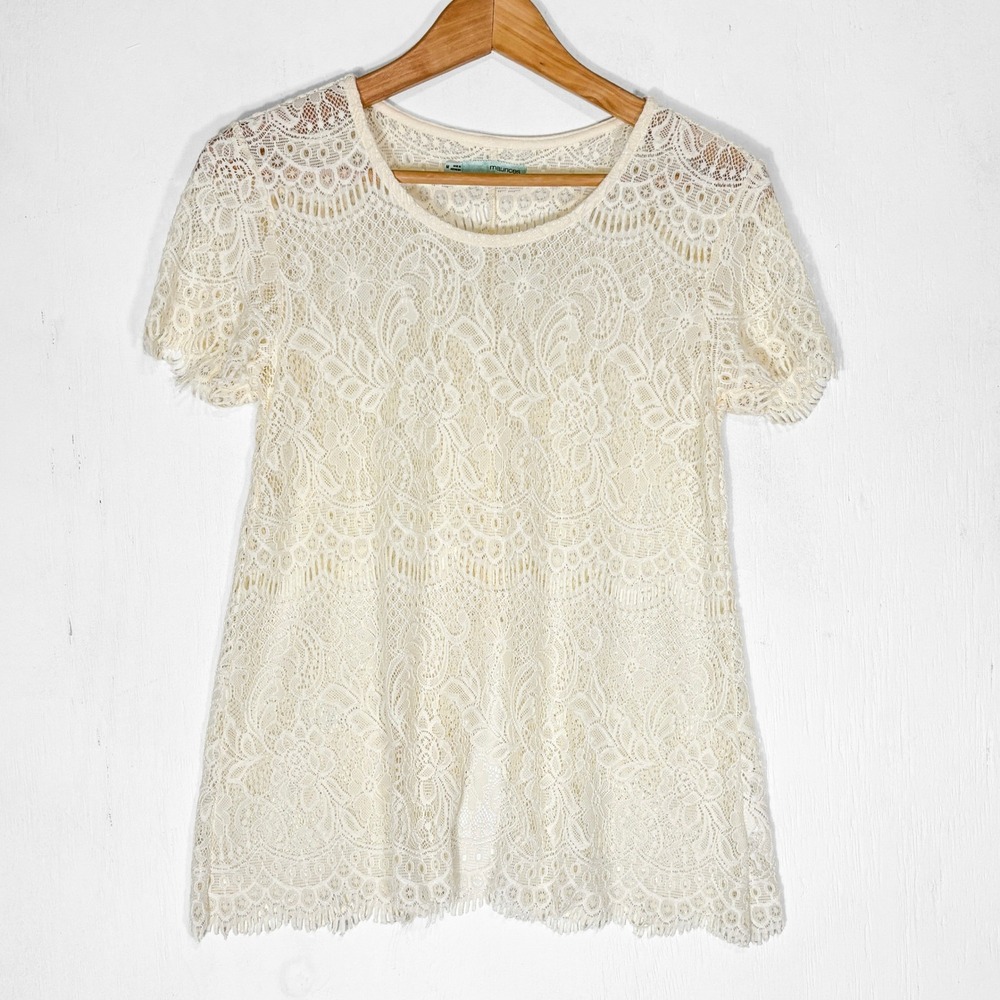 Romantic Cream Floral Lace Short Sleeve Split Back Top Womens M Ivory Scalloped